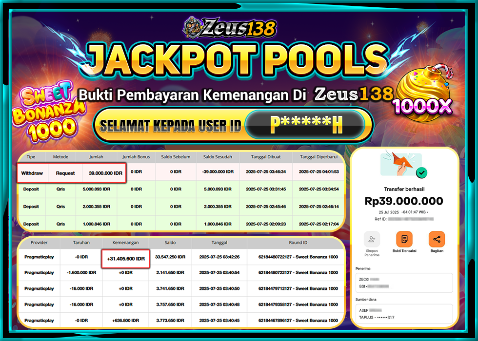 ZEUS138 SWEET BONANZA 1000 Rp.39.000.000,- LUNAS